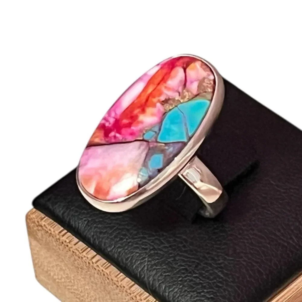 Oval Pink Dahlia Blue Turquoise Copper Sterling Silver Ring Size 7